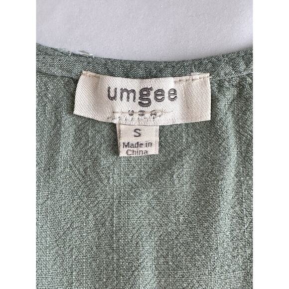 Umgee Linen Cotton Blend Sz S Boho Tank Top Green Raw Fringe Trim Beach Peasant - Picture 11 of 13